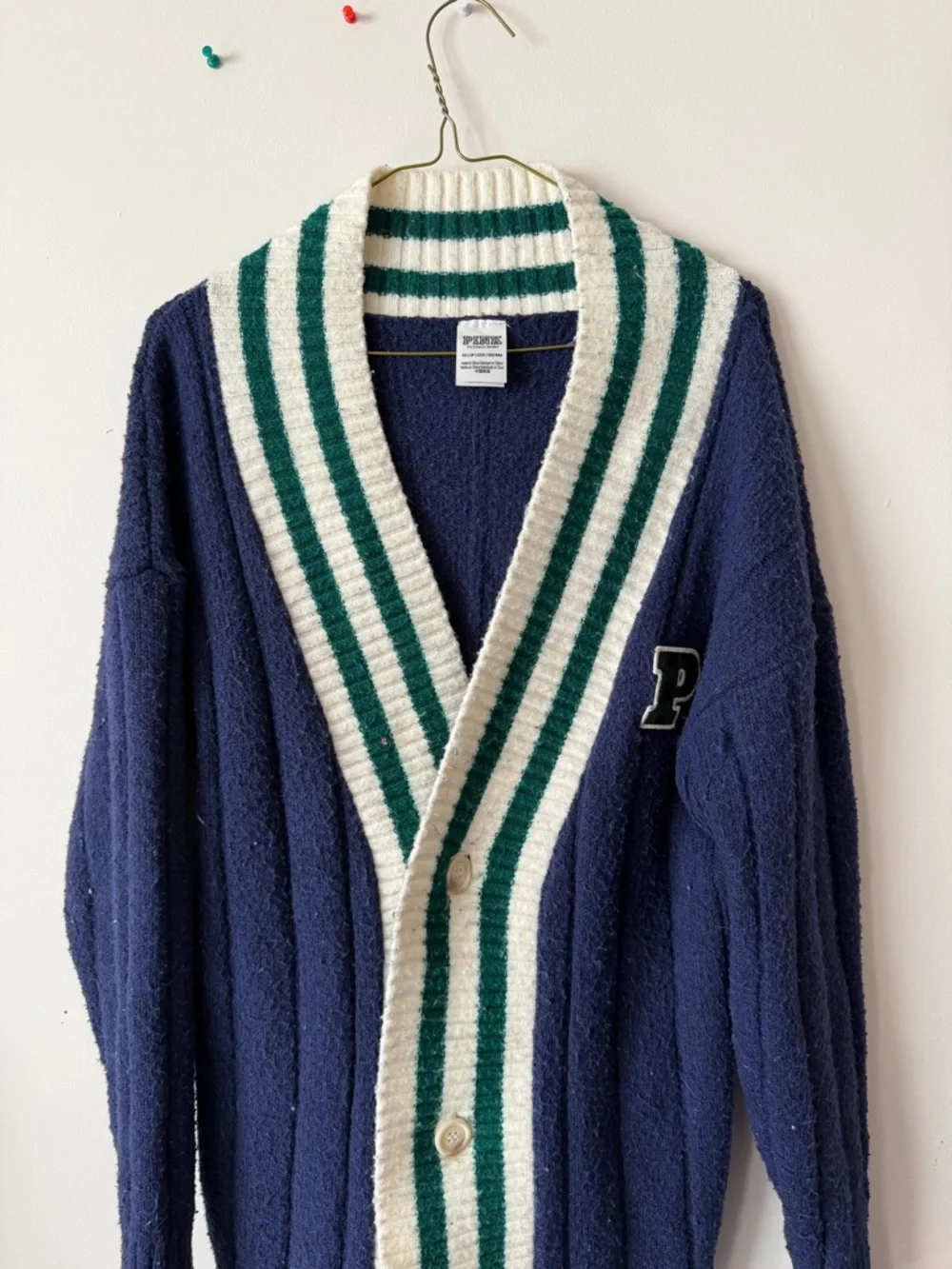PINK Victoria's Secret Navy Shawl-Collar Cardigan with Cream & Green Stripes - Picture 2 of 5